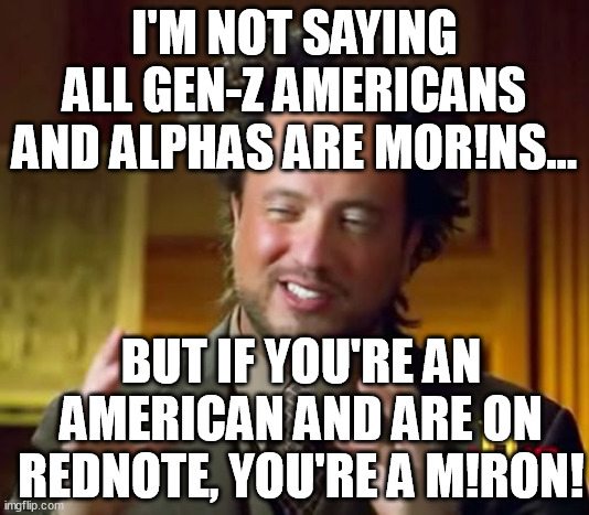 Chinese red commie book is manipulating you to be more commie, and you will never say "gay" online ever again. Mo*ons! | I'M NOT SAYING ALL GEN-Z AMERICANS AND ALPHAS ARE MOR!NS... BUT IF YOU'RE AN AMERICAN AND ARE ON REDNOTE, YOU'RE A M!RON! | image tagged in memes,ancient aliens,alpha,americans,rednote,funny | made w/ Imgflip meme maker