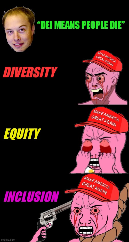 “DEI MEANS PEOPLE DIE” | “DEI MEANS PEOPLE DIE”; DIVERSITY; EQUITY; INCLUSION | image tagged in maga,soyjak,elon musk,woke,triggered,wojak | made w/ Imgflip meme maker