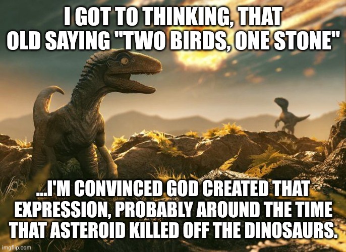 Dinosaur | I GOT TO THINKING, THAT OLD SAYING "TWO BIRDS, ONE STONE"; ...I'M CONVINCED GOD CREATED THAT EXPRESSION, PROBABLY AROUND THE TIME THAT ASTEROID KILLED OFF THE DINOSAURS. | image tagged in dinosaur asteroid | made w/ Imgflip meme maker