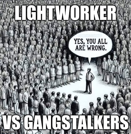 Lightworker vs Gangstalkers | LIGHTWORKER; VS GANGSTALKERS | image tagged in lightworker,gangstalkers,black sheep | made w/ Imgflip meme maker