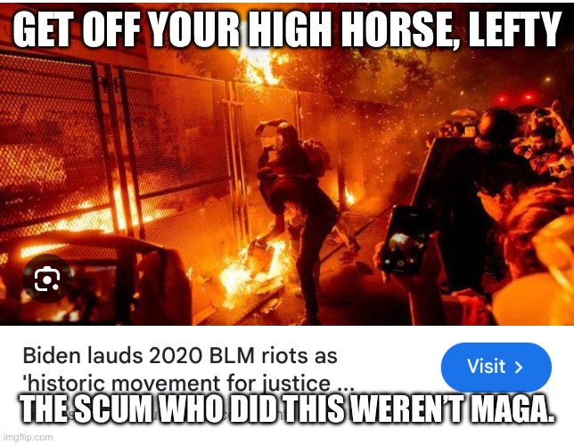 BLM arsonists | GET OFF YOUR HIGH HORSE, LEFTY; THE SCUM WHO DID THIS WEREN’T MAGA. | image tagged in blm arsonists | made w/ Imgflip meme maker