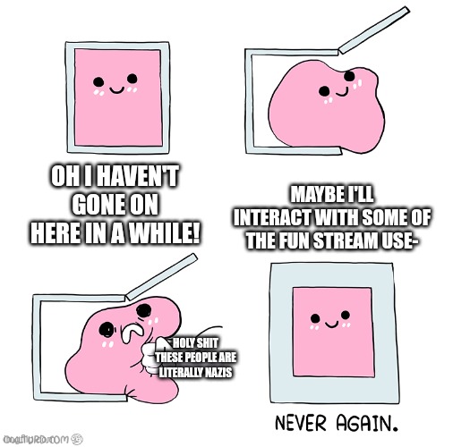 Pink Blob In the Box | OH I HAVEN'T GONE ON HERE IN A WHILE! MAYBE I'LL INTERACT WITH SOME OF THE FUN STREAM USE-; HOLY SHIT THESE PEOPLE ARE LITERALLY NAZIS | image tagged in pink blob in the box | made w/ Imgflip meme maker