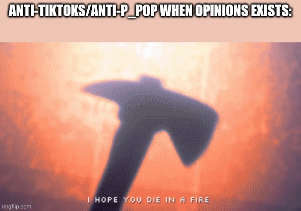 This is how the imgflips go | ANTI-TIKTOKS/ANTI-P_POP WHEN OPINIONS EXISTS: | image tagged in i hope you die in a fire | made w/ Imgflip meme maker
