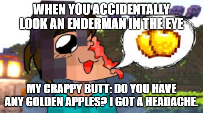 Do you have any golden apples? I got a headache. | WHEN YOU ACCIDENTALLY LOOK AN ENDERMAN IN THE EYE; MY CRAPPY BUTT: DO YOU HAVE ANY GOLDEN APPLES? I GOT A HEADACHE. | image tagged in do you have any golden apples i got a headache | made w/ Imgflip meme maker