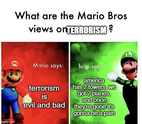 lol | TERRORISM; terrorism is evil and bad; america has 2 towers, we got 2 planes, and once they're gone it's gonna be a pain | image tagged in mario bros views,dark humor | made w/ Imgflip meme maker