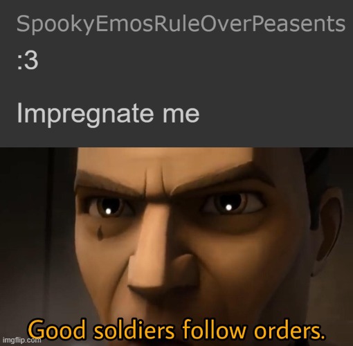 image tagged in jayce impregnate me,good soldiers follow orders | made w/ Imgflip meme maker