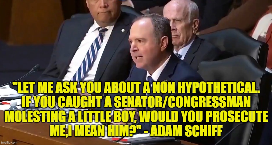 Not a hypothetical | "LET ME ASK YOU ABOUT A NON HYPOTHETICAL.
IF YOU CAUGHT A SENATOR/CONGRESSMAN MOLESTING A LITTLE BOY, WOULD YOU PROSECUTE
ME,I MEAN HIM?" - ADAM SCHIFF | image tagged in adam schiff,pedophile,congress,senate,pedo,maga | made w/ Imgflip meme maker