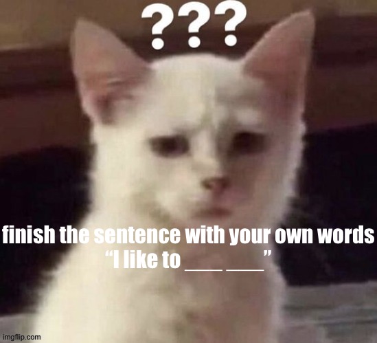 ? | finish the sentence with your own words

“I like to ___ ___” | made w/ Imgflip meme maker