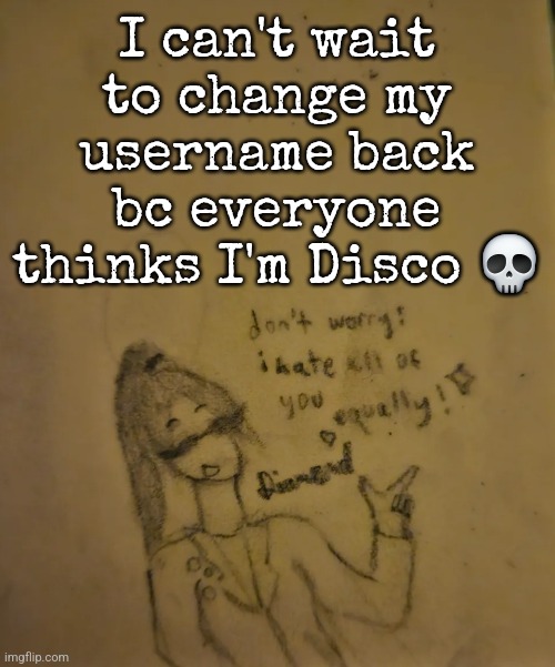 Diamond Hates Everyone temp | I can't wait to change my username back bc everyone thinks I'm Disco 💀 | image tagged in diamond hates everyone temp | made w/ Imgflip meme maker