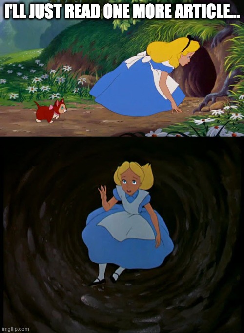 alice rabbit hole | I'LL JUST READ ONE MORE ARTICLE... | image tagged in alice rabbit hole | made w/ Imgflip meme maker