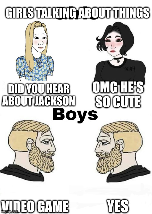 Girls vs Boys | GIRLS TALKING ABOUT THINGS; DID YOU HEAR ABOUT JACKSON; OMG HE'S SO CUTE; YES; VIDEO GAME | image tagged in girls vs boys,real,relatable,relatable memes | made w/ Imgflip meme maker