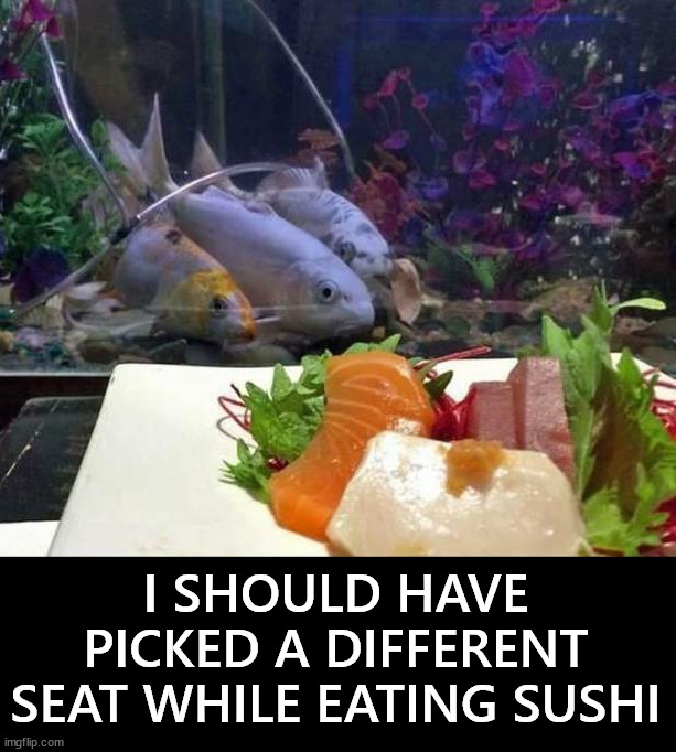 Hard to eat food when the source is watching you | I SHOULD HAVE PICKED A DIFFERENT SEAT WHILE EATING SUSHI | image tagged in sushi | made w/ Imgflip meme maker