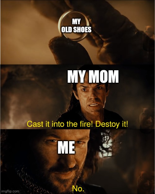 HALP | MY OLD SHOES; MY MOM; ME | image tagged in cast it into the fire | made w/ Imgflip meme maker