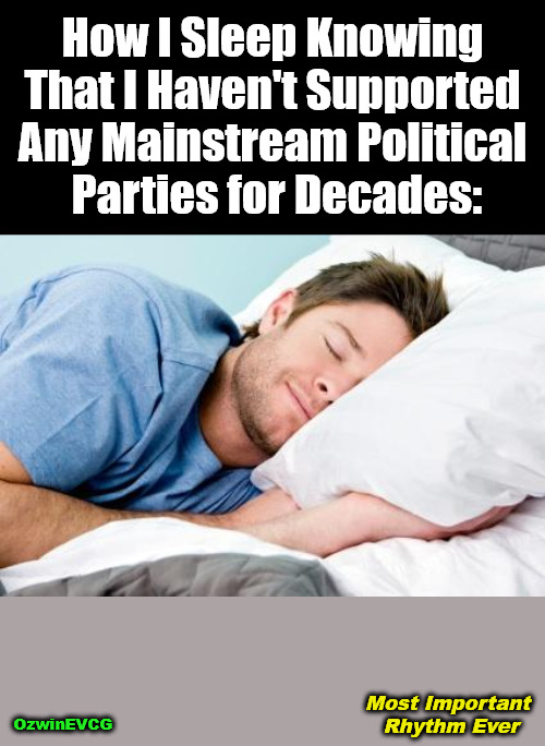 Most Important Rhythm Ever | How I Sleep Knowing 

That I Haven't Supported 

Any Mainstream Political 

Parties for Decades:; OzwinEVCG; Most Important 

Rhythm Ever | image tagged in sleeping peacefully,political humor,democratic party,politicians suck,republican party,election theater | made w/ Imgflip meme maker