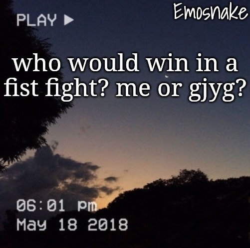 Emosnake's dreamy temp | who would win in a fist fight? me or gjyg? | image tagged in emosnake's dreamy temp | made w/ Imgflip meme maker
