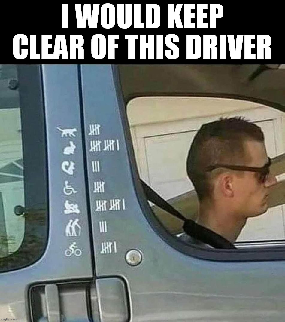 Keep a tally of your quests | I WOULD KEEP CLEAR OF THIS DRIVER | image tagged in dark humor | made w/ Imgflip meme maker