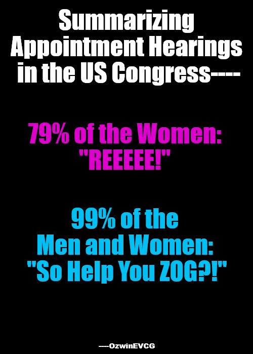 SAHI... | Summarizing 

Appointment Hearings 

in the US Congress----; 79% of the Women: 

"REEEEE!"; 99% of the 

Men and Women: 

"So Help You ZOG?!"; ----OzwinEVCG | image tagged in usa,congress,appointment,hearings,politicians suck,zoglodytes | made w/ Imgflip meme maker