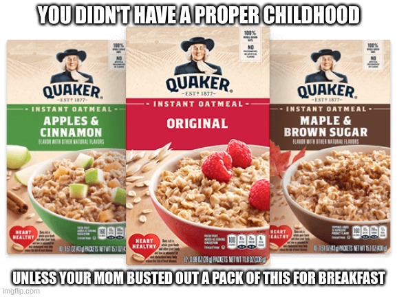 OATMEAL | YOU DIDN'T HAVE A PROPER CHILDHOOD; UNLESS YOUR MOM BUSTED OUT A PACK OF THIS FOR BREAKFAST | image tagged in oatmeal | made w/ Imgflip meme maker