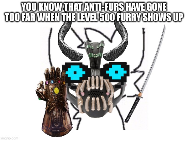 demon mode activated | YOU KNOW THAT ANTI-FURS HAVE GONE TOO FAR WHEN THE LEVEL 500 FURRY SHOWS UP | image tagged in funny memes,why do i hear boss music | made w/ Imgflip meme maker