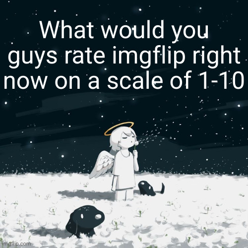 think of everything you love/hate about this place | What would you guys rate imgflip right now on a scale of 1-10 | image tagged in avogado6,imgflip,1-10,rate,love,hate | made w/ Imgflip meme maker