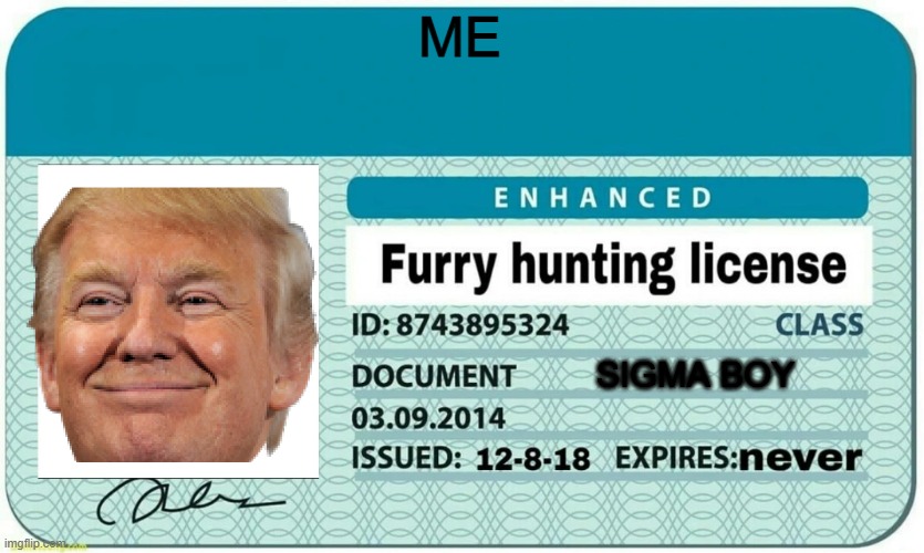 furry hunting license | ME SIGMA BOY | image tagged in furry hunting license | made w/ Imgflip meme maker