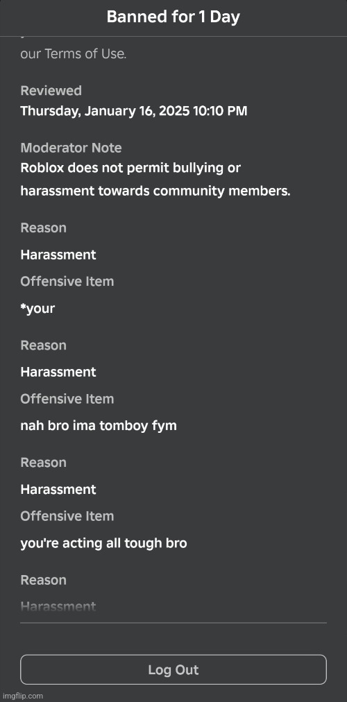 Banned for defending myself lmaoo | image tagged in roblox ban,banned from roblox,lol,wtf | made w/ Imgflip meme maker