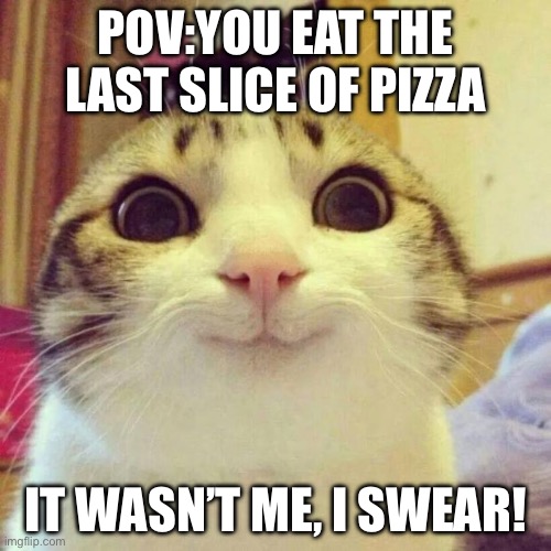 Smiling Cat | POV:YOU EAT THE LAST SLICE OF PIZZA; IT WASN’T ME, I SWEAR! | image tagged in memes,smiling cat | made w/ Imgflip meme maker