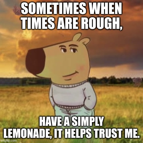 Chill guy | SOMETIMES WHEN TIMES ARE ROUGH, HAVE A SIMPLY LEMONADE, IT HELPS TRUST ME. | image tagged in chill guy | made w/ Imgflip meme maker