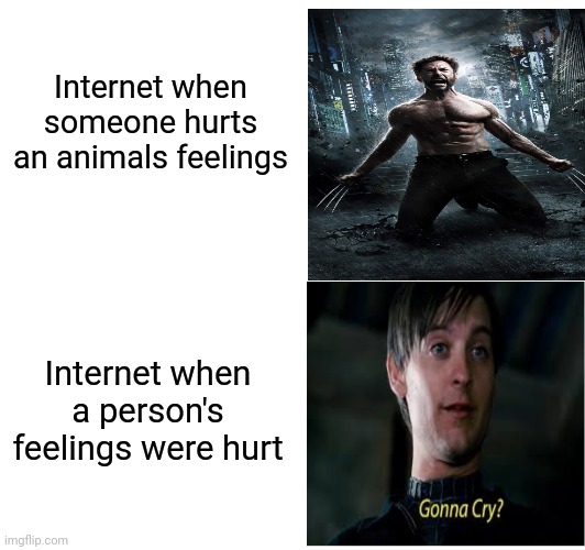 Internet when someone hurts an animals feelings; Internet when a person's feelings were hurt | image tagged in spiderman | made w/ Imgflip meme maker