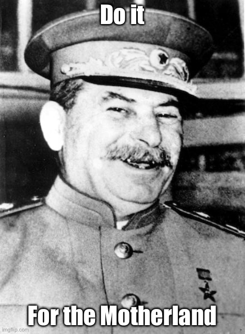 Stalin smile | Do it For the Motherland | image tagged in stalin smile | made w/ Imgflip meme maker