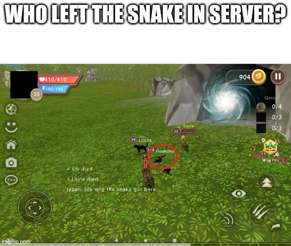 I Was Going To Japanese Forest (Multiplayer), And This Happened... | WHO LEFT THE SNAKE IN SERVER? | image tagged in wildcraft,games,screenshot,server,multiplayer | made w/ Imgflip meme maker