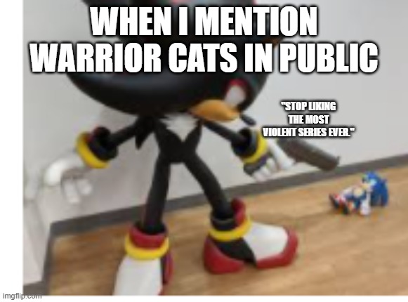 Shadow pointing gun at Sonic | WHEN I MENTION WARRIOR CATS IN PUBLIC; "STOP LIKING THE MOST VIOLENT SERIES EVER." | image tagged in shadow pointing gun at sonic | made w/ Imgflip meme maker