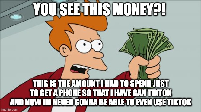 rip tiktok | YOU SEE THIS MONEY?! THIS IS THE AMOUNT I HAD TO SPEND JUST TO GET A PHONE SO THAT I HAVE CAN TIKTOK AND NOW IM NEVER GONNA BE ABLE TO EVEN USE TIKTOK | image tagged in memes,shut up and take my money fry | made w/ Imgflip meme maker