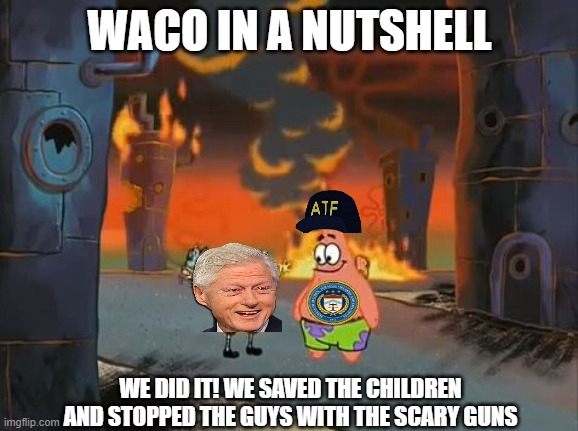 Waco Child Murder | WACO IN A NUTSHELL; WE DID IT! WE SAVED THE CHILDREN AND STOPPED THE GUYS WITH THE SCARY GUNS | image tagged in we did it patrick we saved the city,waco,bill clinton,murder | made w/ Imgflip meme maker