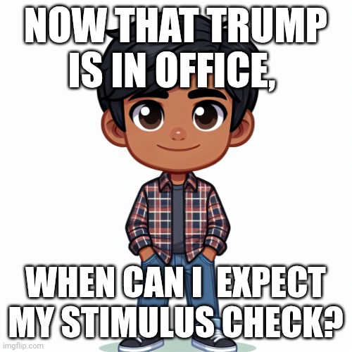 Get yer refunds here! | NOW THAT TRUMP IS IN OFFICE, WHEN CAN I  EXPECT MY STIMULUS CHECK? | image tagged in regularfellow in cartoon | made w/ Imgflip meme maker