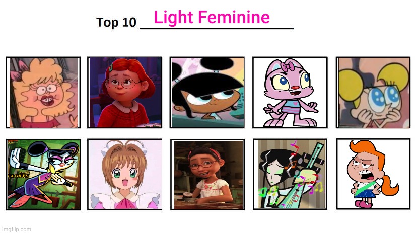 My Top 10 Light Feminines | image tagged in my top 10 light feminine,light color,lights,light girl,bright | made w/ Imgflip meme maker