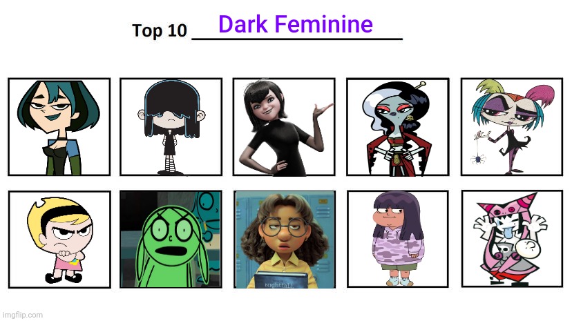 My Top 10 Dark Feminies | image tagged in my top 10 dark feminine,goth girl,goths,darkness,darker girl,goth | made w/ Imgflip meme maker