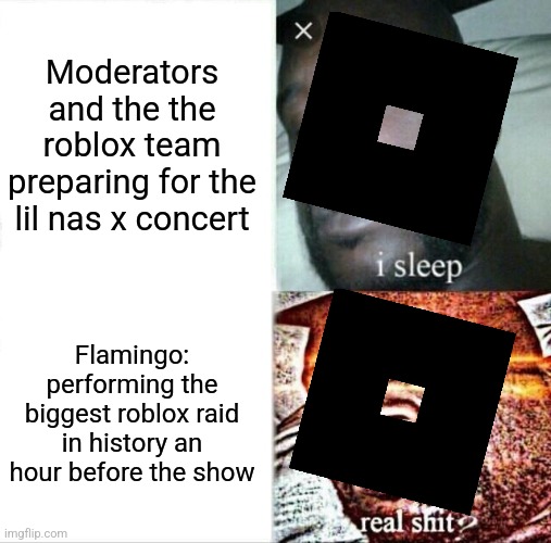 Sleeping Shaq | Moderators and the the roblox team preparing for the lil nas x concert; Flamingo: performing the biggest roblox raid in history an hour before the show | image tagged in memes,sleeping shaq | made w/ Imgflip meme maker