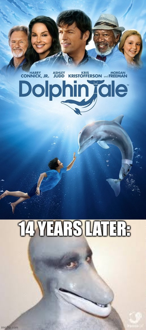 What If... this movie's writers were the what if writers? | 14 YEARS LATER: | image tagged in dolphin tale,dolphin guy | made w/ Imgflip meme maker