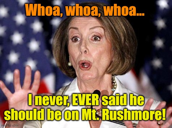 Pelosi Oh No | Whoa, whoa, whoa... I never, EVER said he should be on Mt. Rushmore! | image tagged in pelosi oh no | made w/ Imgflip meme maker