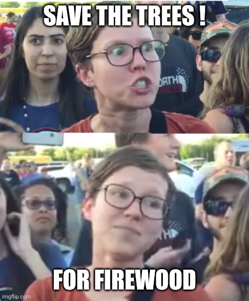 Two faced liberal snowflake | SAVE THE TREES ! FOR FIREWOOD | image tagged in two faced liberal snowflake | made w/ Imgflip meme maker