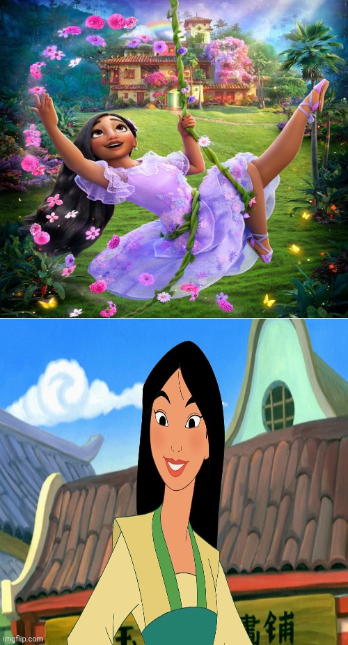 Isabela Creats Flowers for Fa Mulan | image tagged in isabela creats flowers for who,mulan,disney princess,disney princesses,fa mulan,isabela madrigal | made w/ Imgflip meme maker