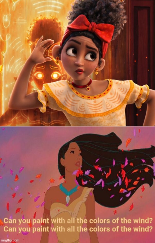 Dolores Hears Pocahontas | Can you paint with all the colors of the wind?
Can you paint with all the colors of the wind? | image tagged in dolores hears what,pocahontas,disney princess,disney princesses,encanto meme,dolores madrigal | made w/ Imgflip meme maker