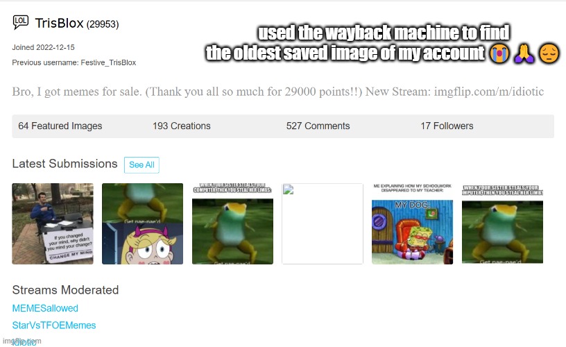 this nimrod so neuro impaired | used the wayback machine to find the oldest saved image of my account 😭🙏😔 | made w/ Imgflip meme maker