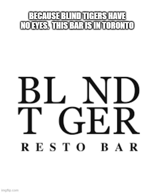 memes by Brad - Blind Tiger Bar - because blind tigers have no eyes - humor - | BECAUSE BLIND TIGERS HAVE NO EYES.  THIS BAR IS IN TORONTO | image tagged in funny,fun,blind,tiger,play on words,humor | made w/ Imgflip meme maker