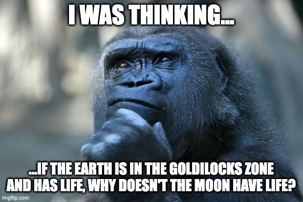 Thoughts raw from my mind | I WAS THINKING... ...IF THE EARTH IS IN THE GOLDILOCKS ZONE AND HAS LIFE, WHY DOESN'T THE MOON HAVE LIFE? | image tagged in deep thoughts,space,earth,fun,funny,memes | made w/ Imgflip meme maker