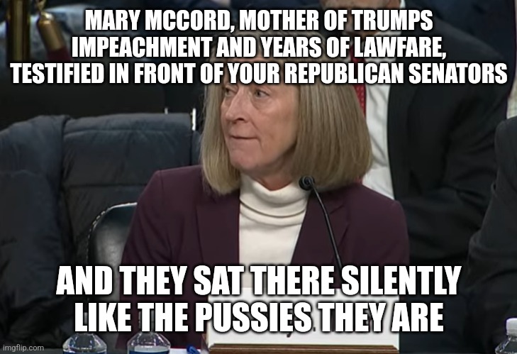 Wussies | MARY MCCORD, MOTHER OF TRUMPS IMPEACHMENT AND YEARS OF LAWFARE, TESTIFIED IN FRONT OF YOUR REPUBLICAN SENATORS; AND THEY SAT THERE SILENTLY LIKE THE PUSSIES THEY ARE | made w/ Imgflip meme maker
