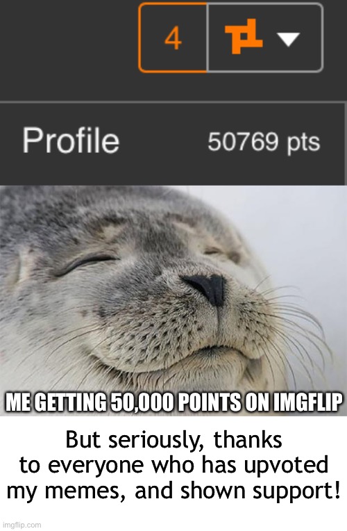 Thanks for 50,000! | ME GETTING 50,000 POINTS ON IMGFLIP; But seriously, thanks to everyone who has upvoted my memes, and shown support! | image tagged in memes,satisfied seal,imgflip,imgflip points,milestone | made w/ Imgflip meme maker