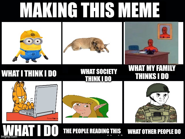 Making this meme | MAKING THIS MEME; WHAT SOCIETY THINK I DO; WHAT MY FAMILY THINKS I DO; WHAT I THINK I DO; WHAT I DO; WHAT OTHER PEOPLE DO; THE PEOPLE READING THIS | image tagged in what my friends think i do | made w/ Imgflip meme maker