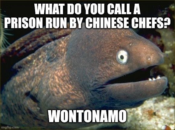 Bad Joke Eel | WHAT DO YOU CALL A PRISON RUN BY CHINESE CHEFS? WONTONAMO | image tagged in memes,bad joke eel,chinese food | made w/ Imgflip meme maker